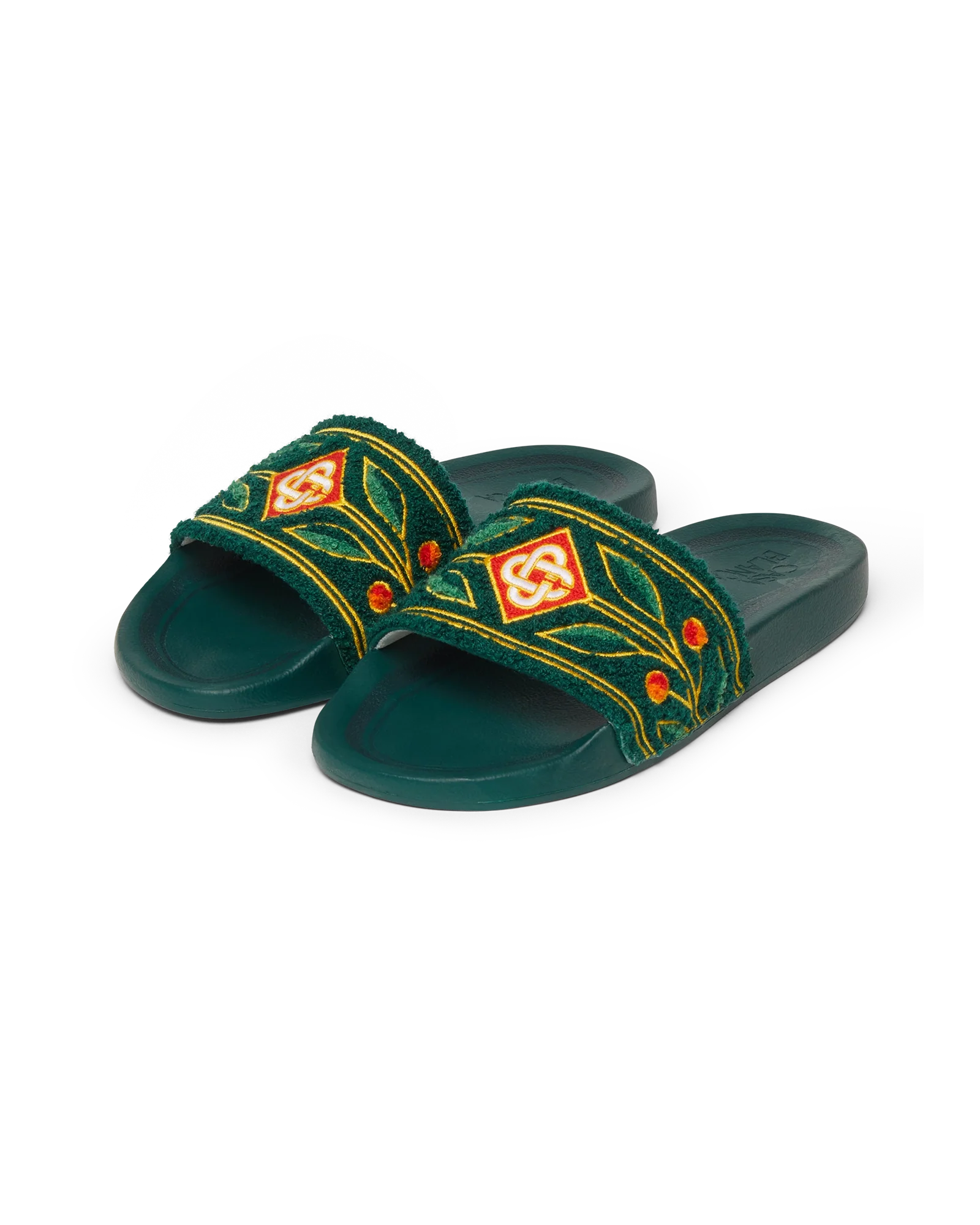Women's Green Embroidered Terry Slides