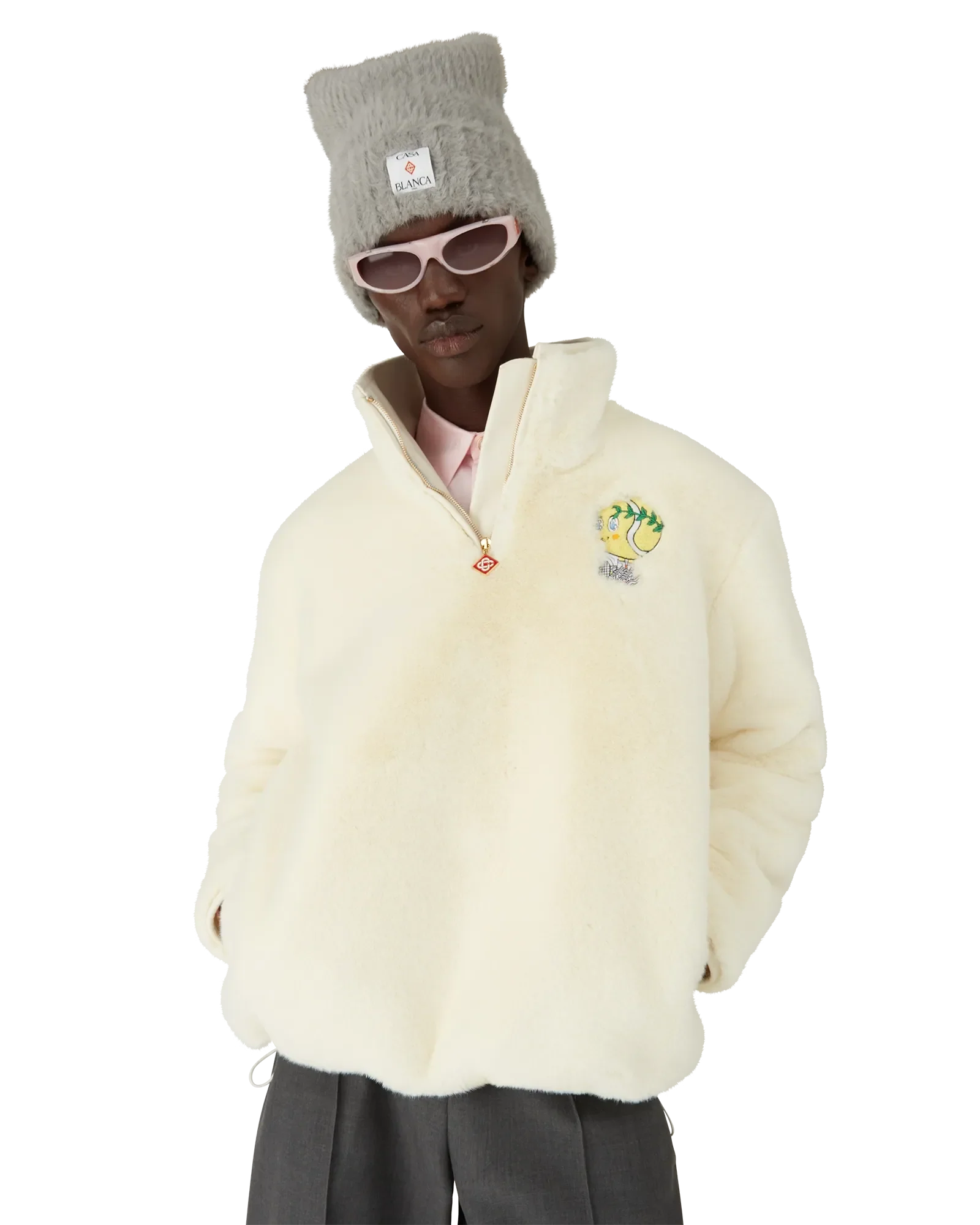Tennis Mascot Quarter Zip Faux Fur Jacket