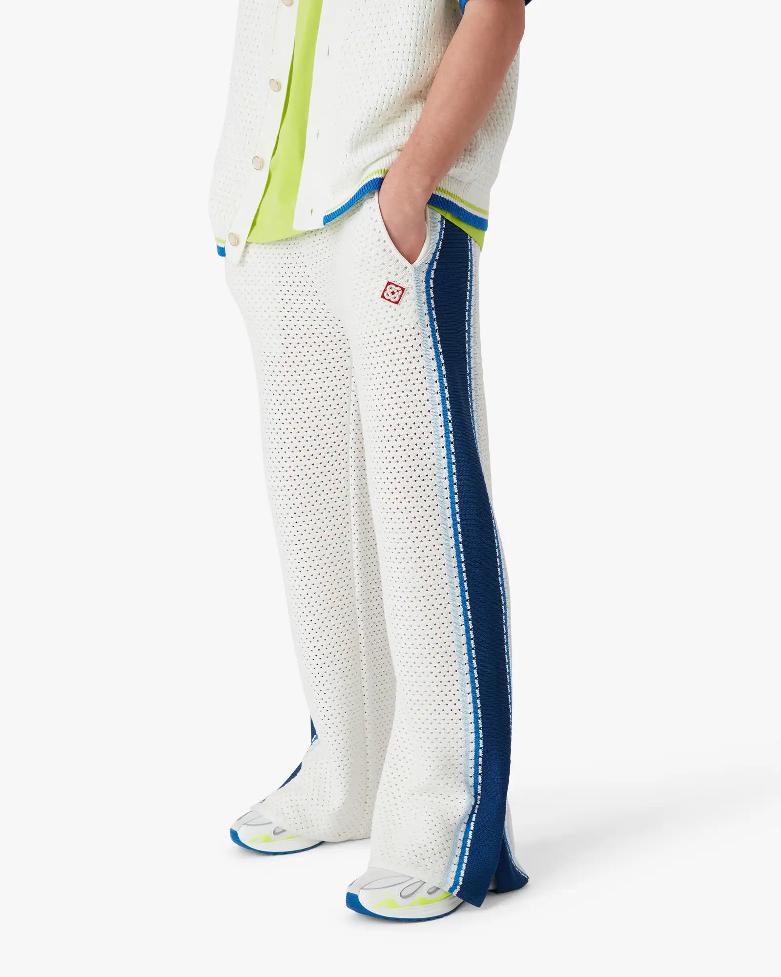 White & Blue Striped Mesh Track Pants