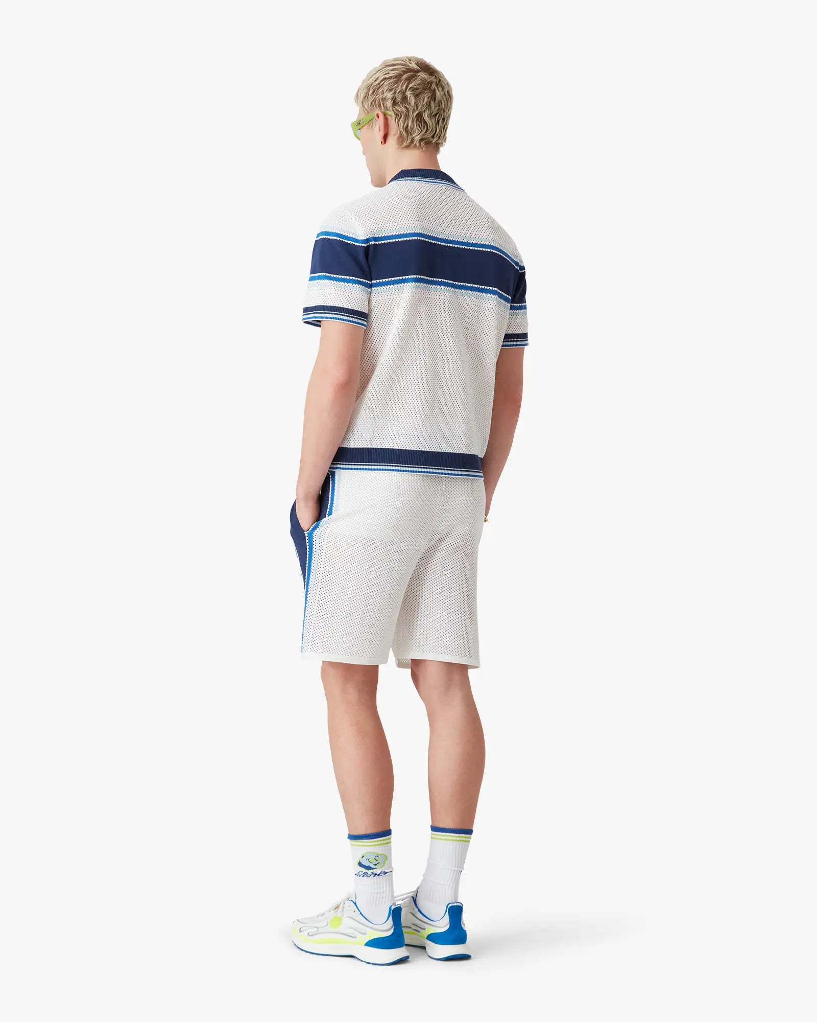 White & Blue Striped Mesh Track Shorts