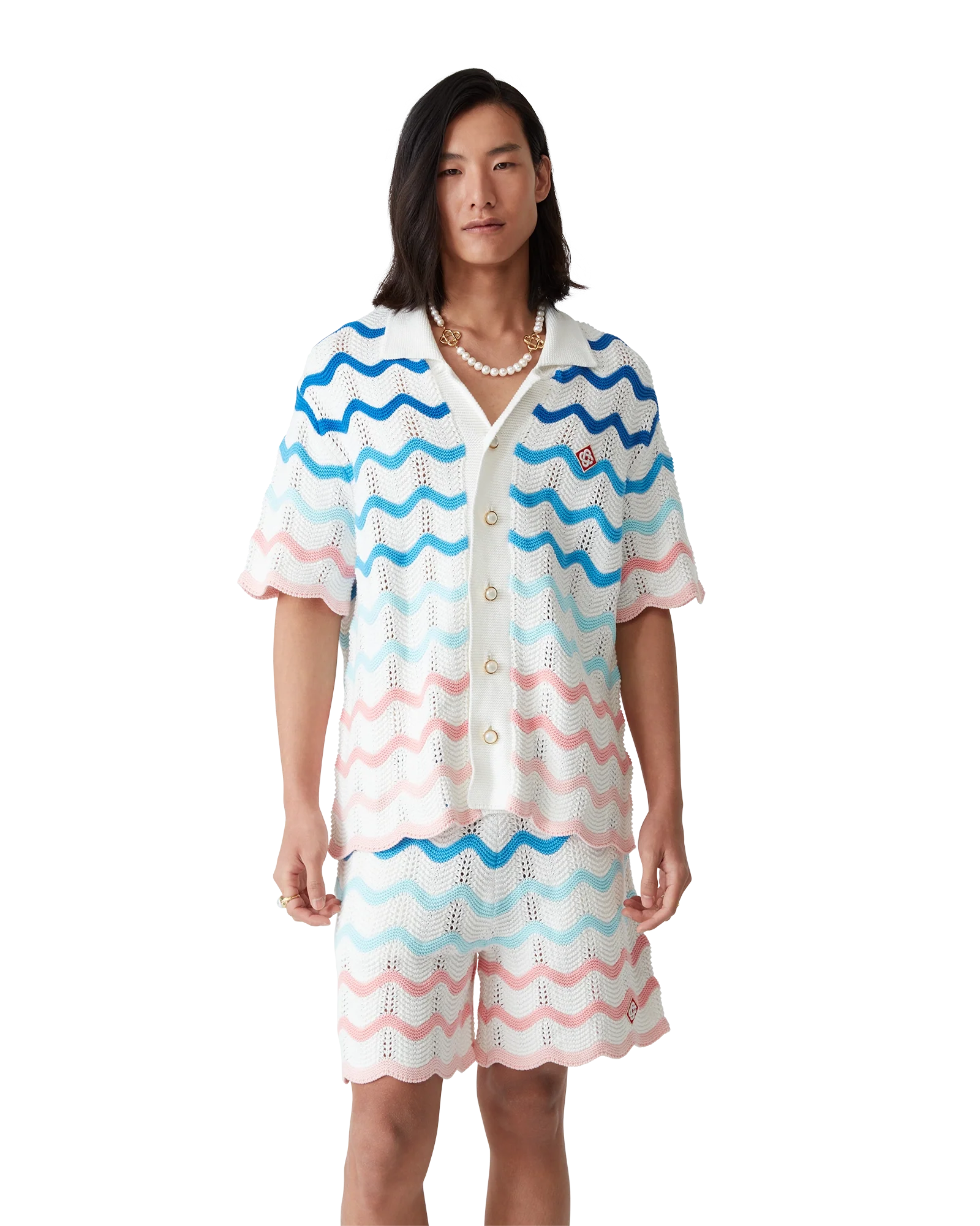 Gradient Wave Short Sleeve Crochet Shirt