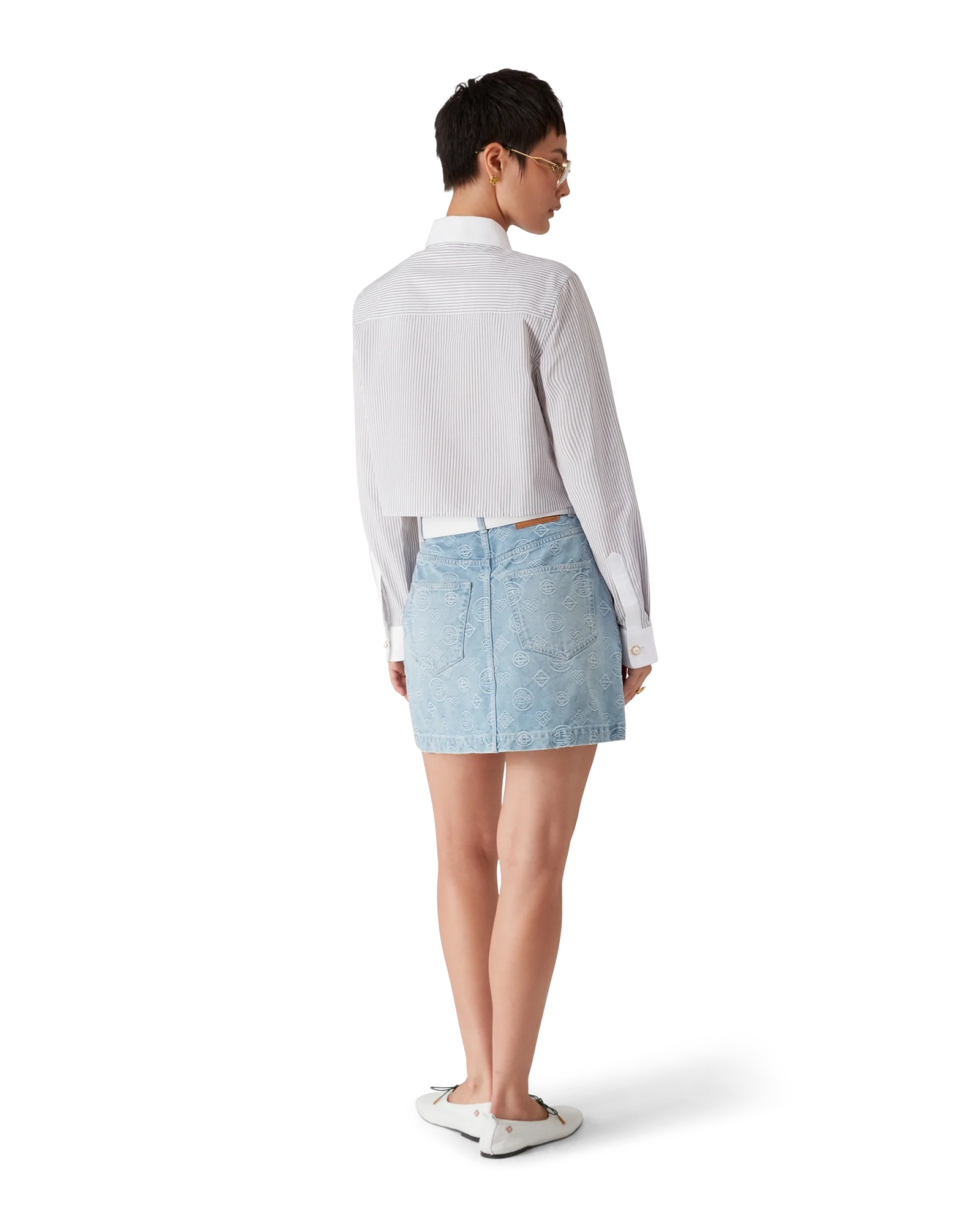 Cotton Pinstripe Embroidered Cropped Shirt