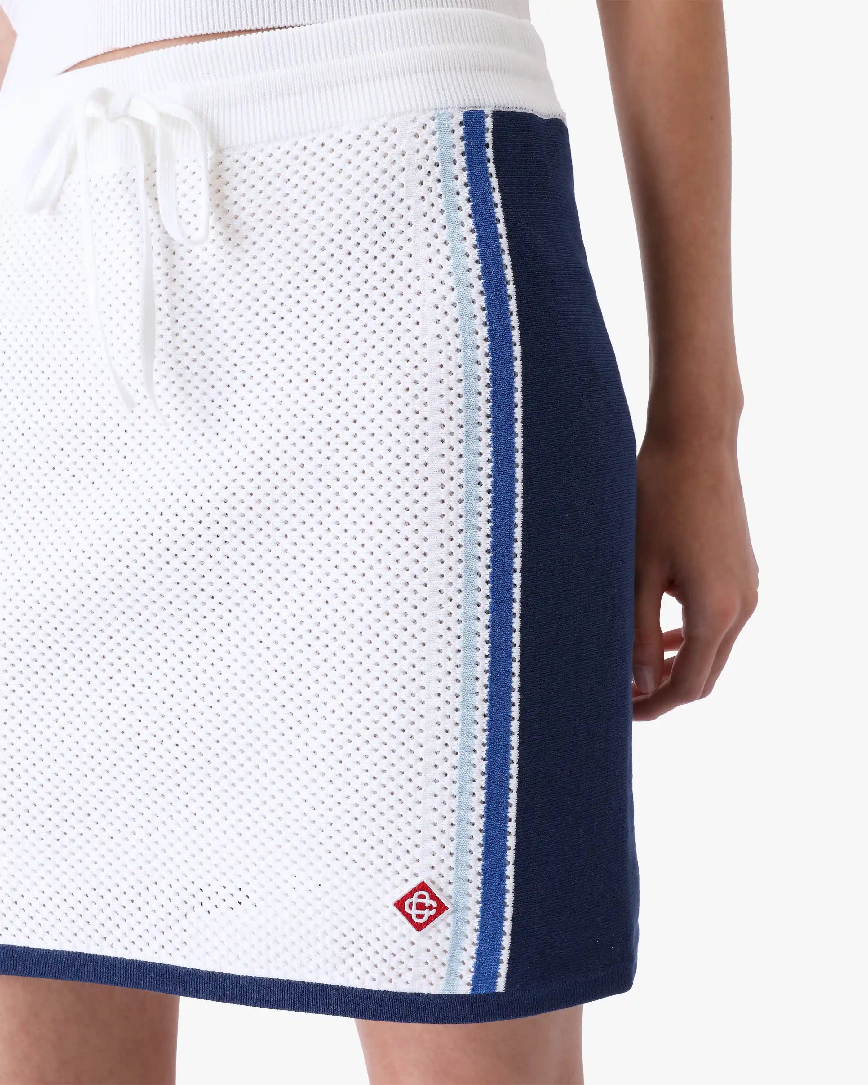 White & Blue Striped Mesh Mini Skirt