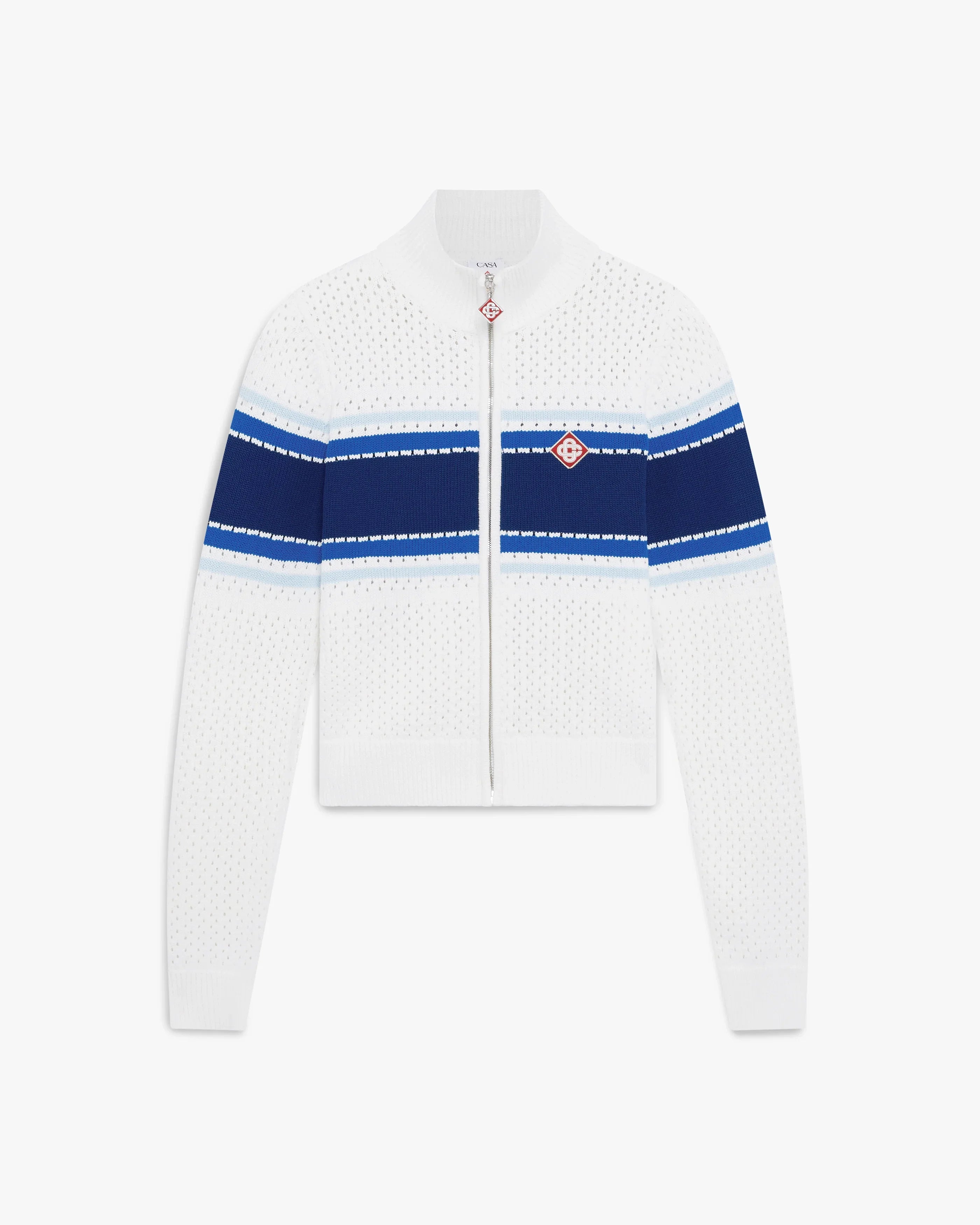 White & Blue Striped Mesh Bomber Jacket