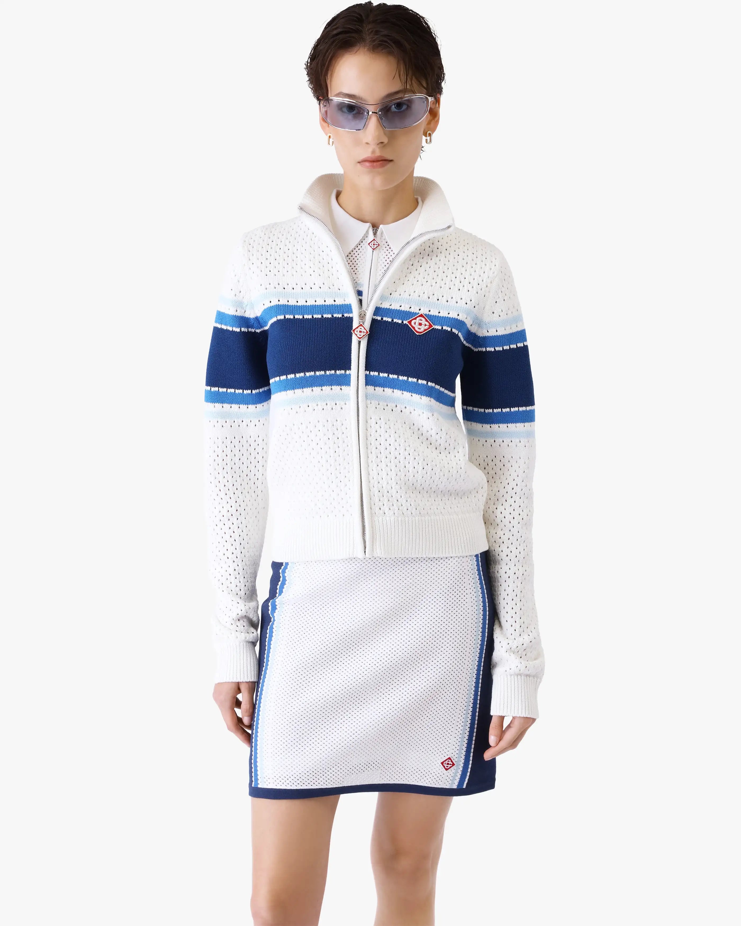 White & Blue Striped Mesh Bomber Jacket
