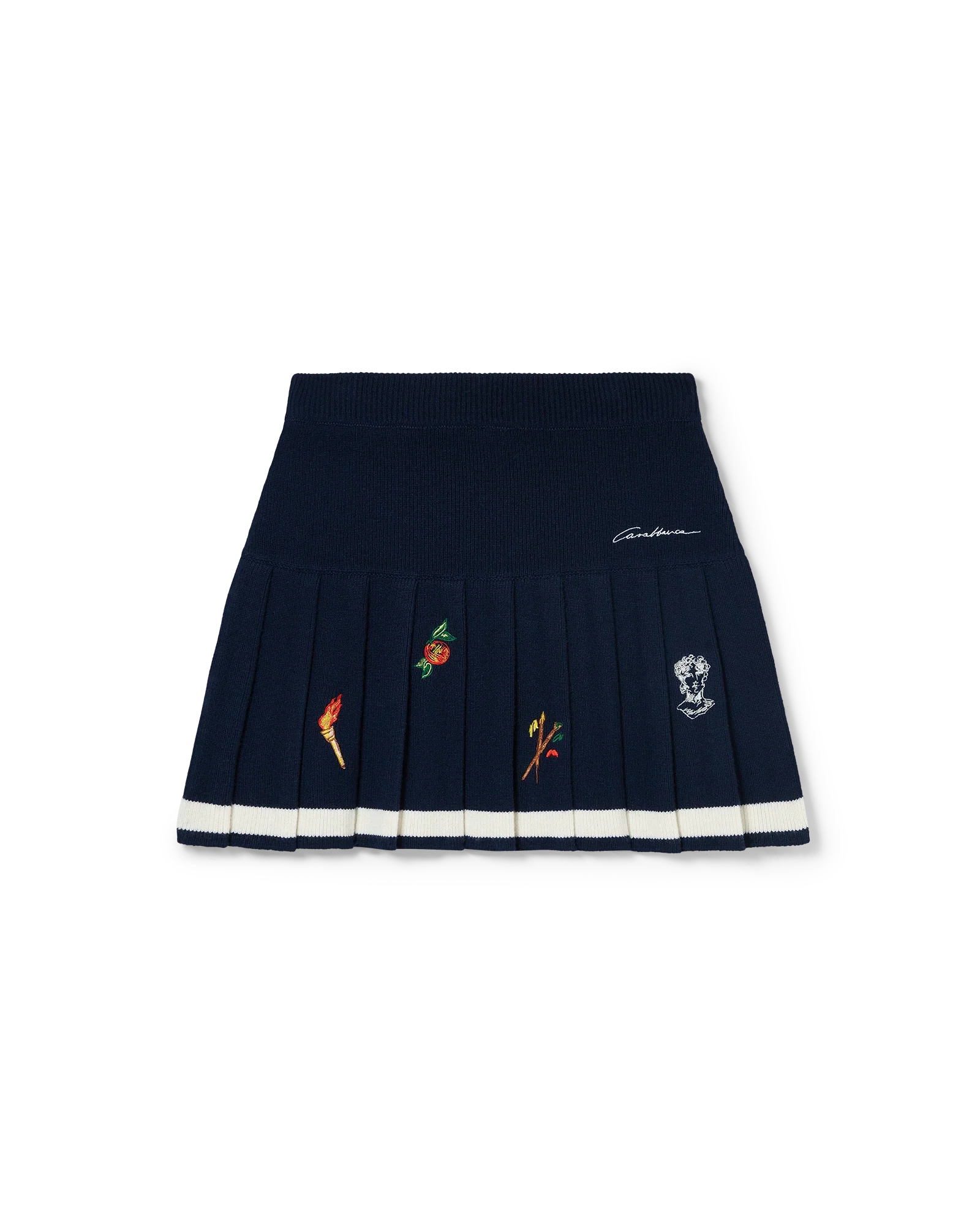 Embroidered Motif Wool Cashmere Pleated Skirt