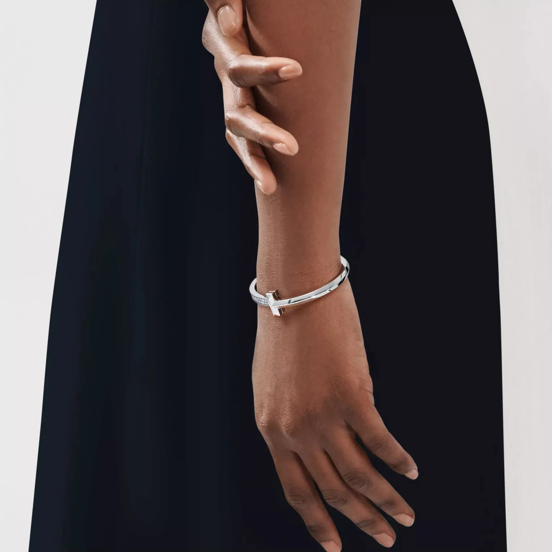 AV T Bracelet - T1 Wide Half Pavé Bangle White Gold