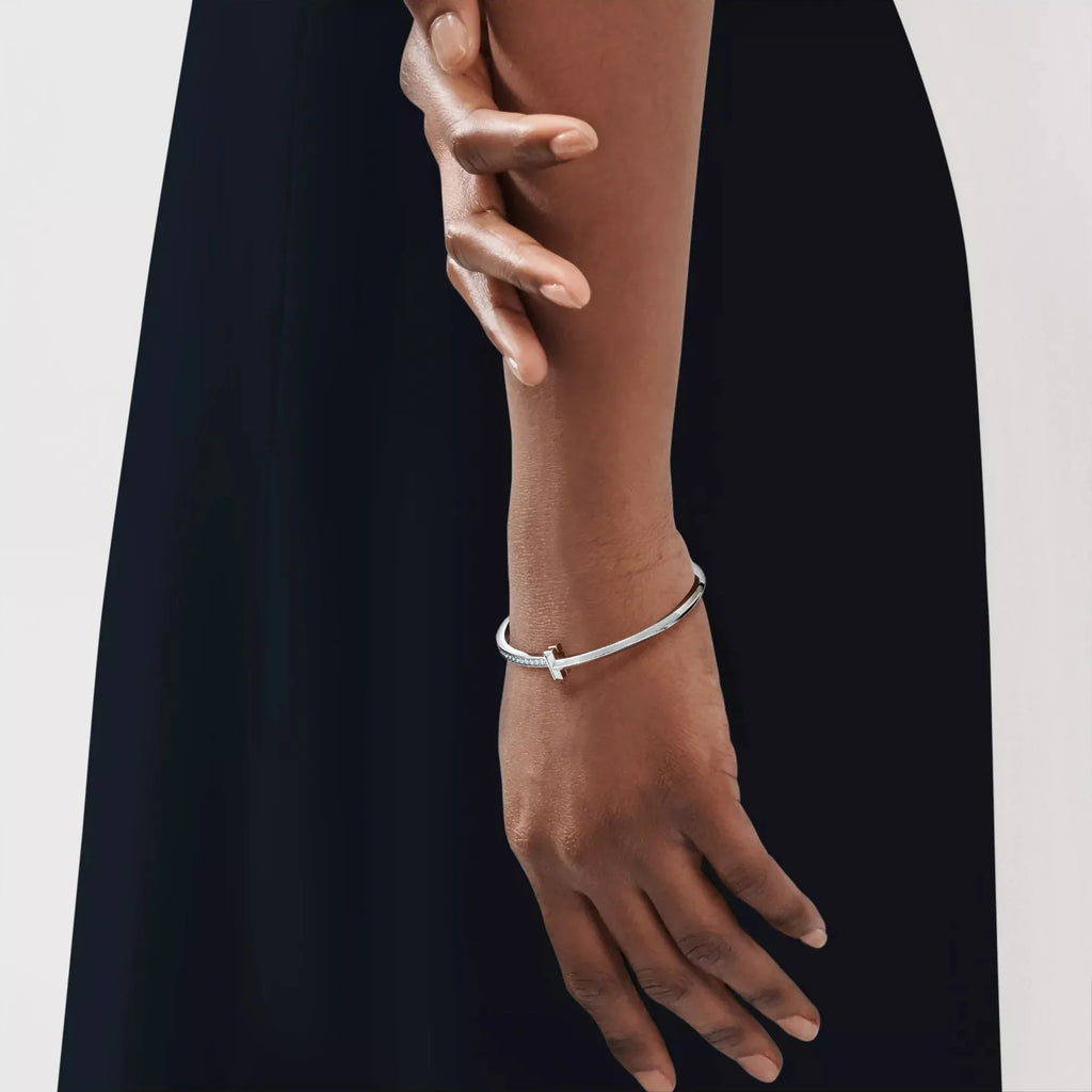 AV T Bracelet - T1 Narrow Half Pavé Bangle in White Gold