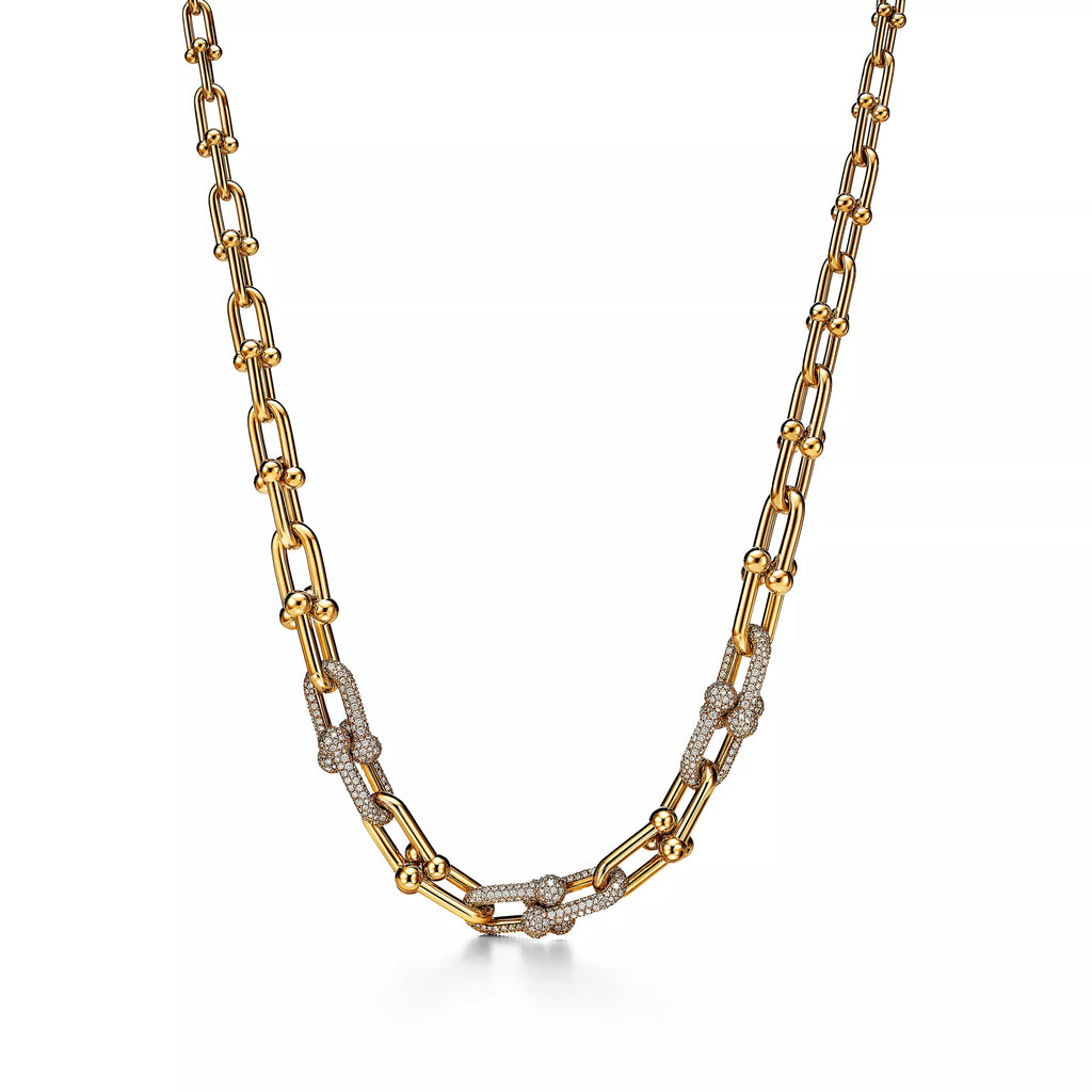 AV Pulse Necklace - Graduated Link with 3 Pavé Diamond Links (Yellow Gold)