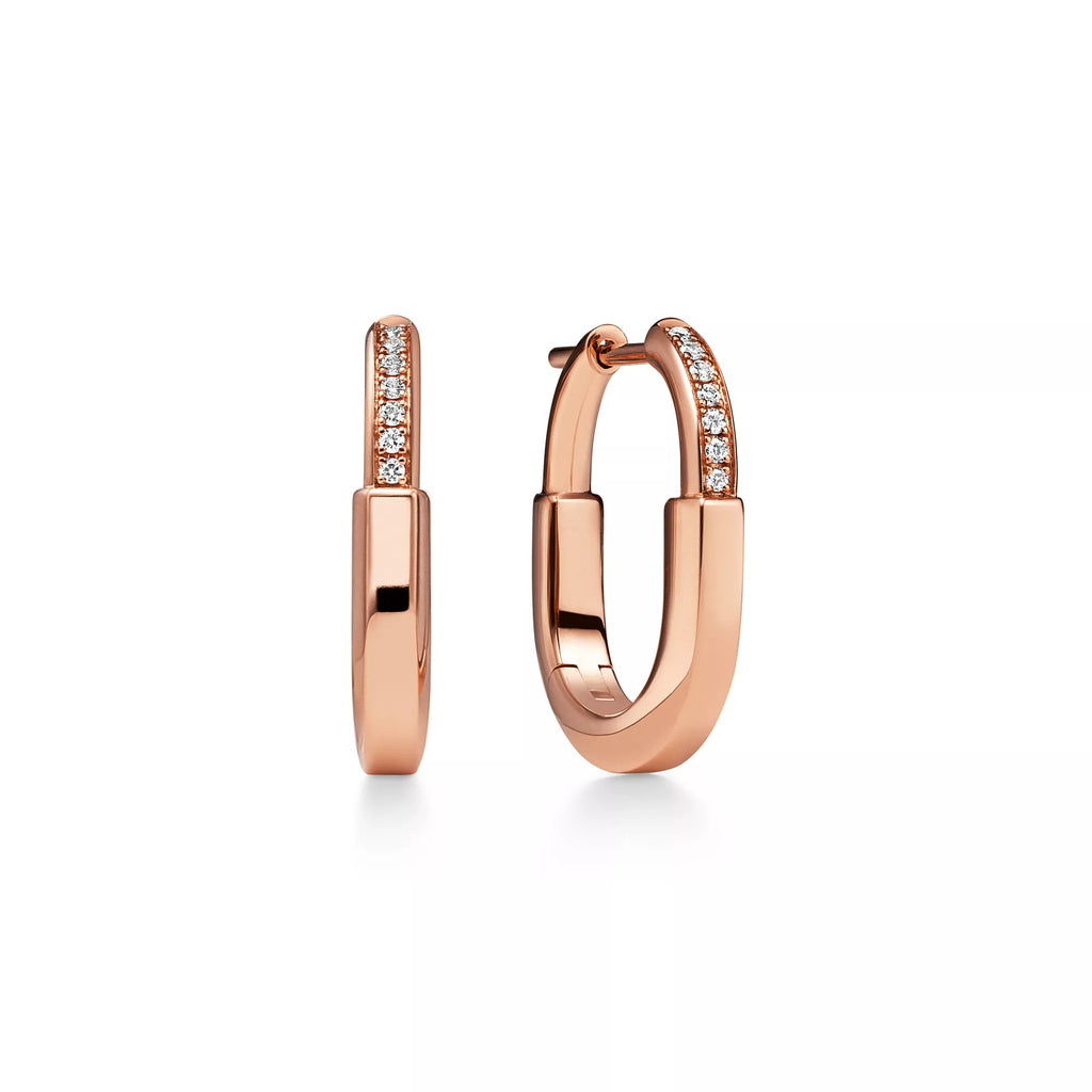 AV Lock Earrings - Rose Gold with Half Pavé Diamonds, Small