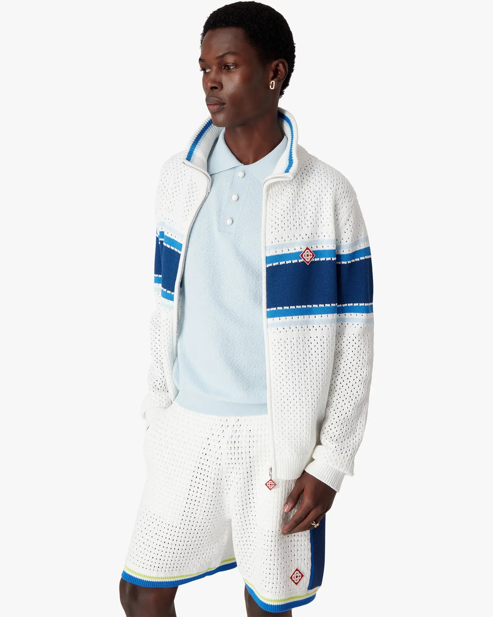 White & Blue Striped Mesh Track Jacket