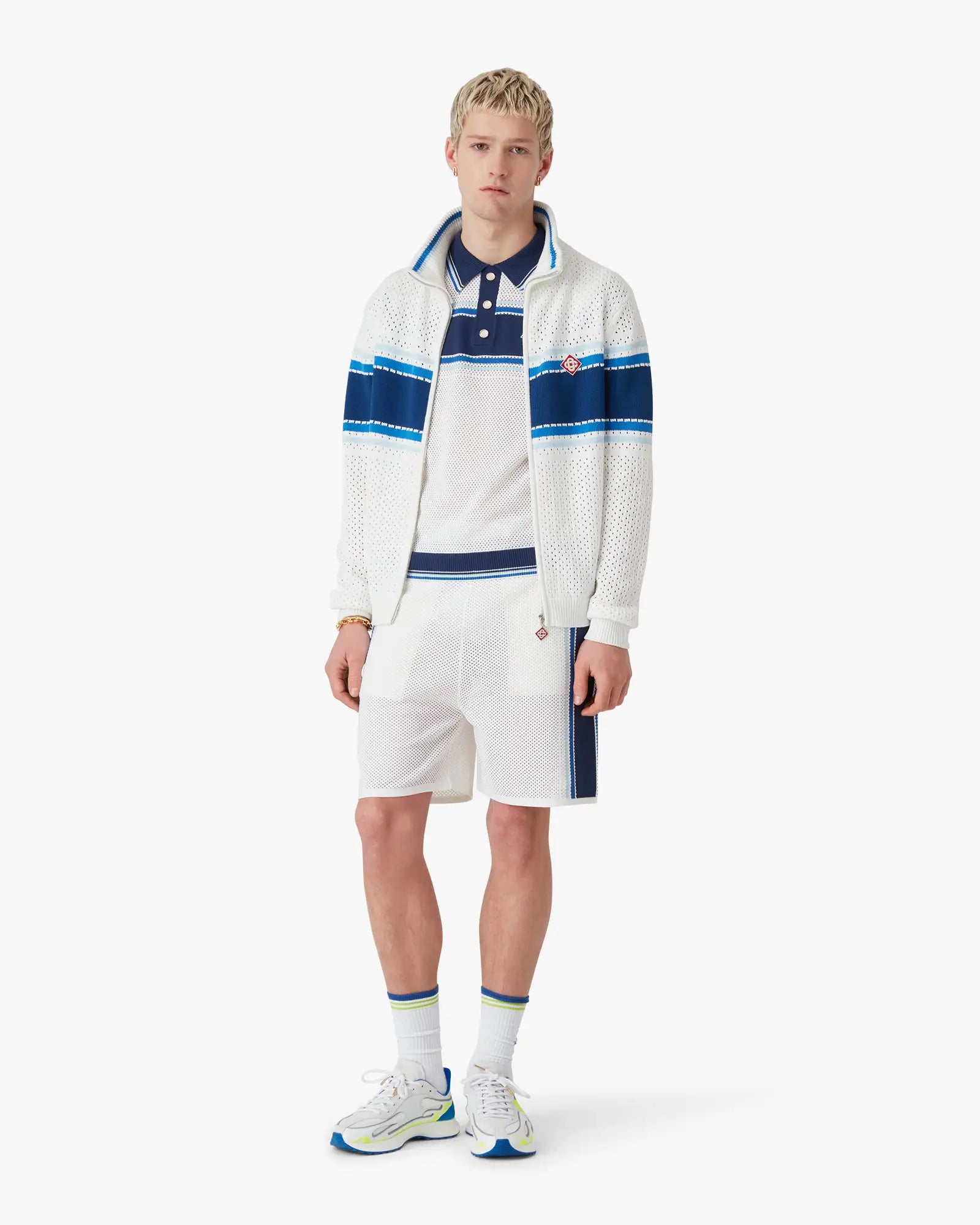 White & Blue Striped Mesh Track Shorts