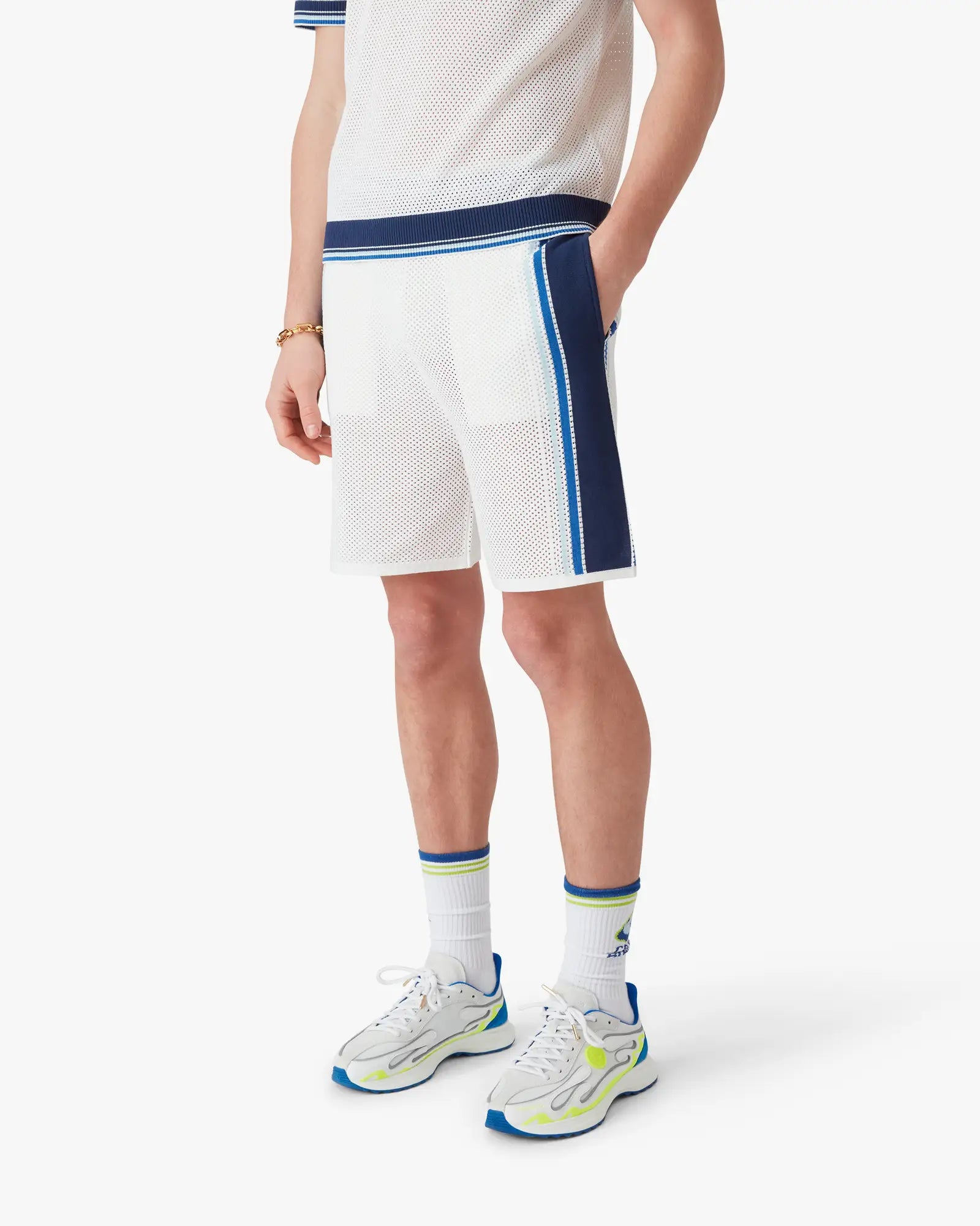 White & Blue Striped Mesh Track Shorts