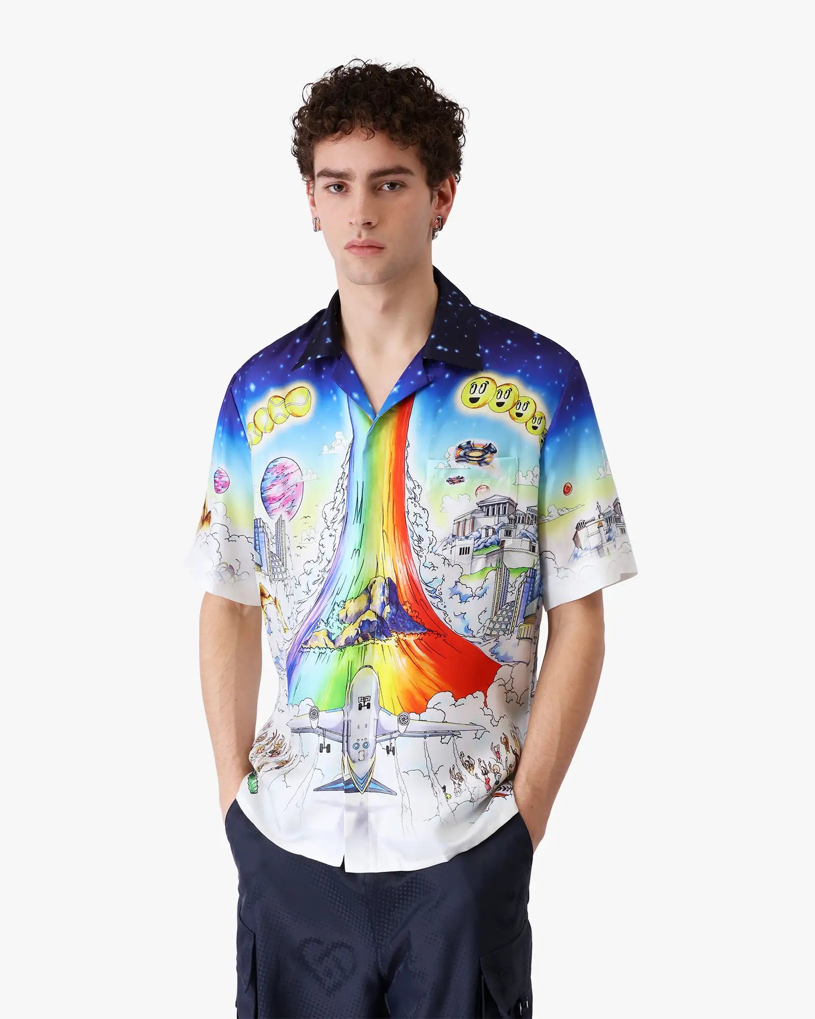 Solid Grooves Short Sleeve Silk Shirt