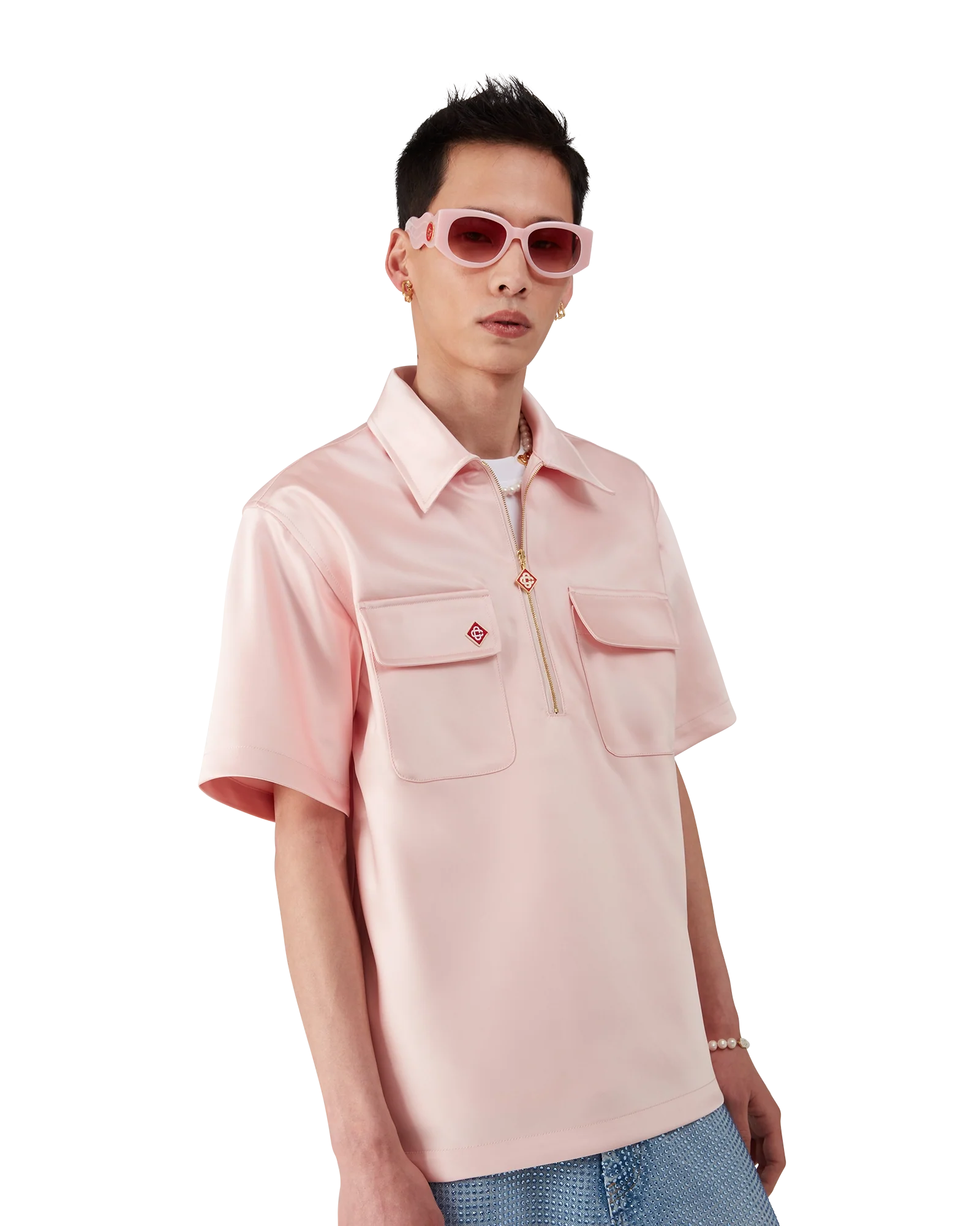 Satin Quarter Short Sleeve Zip Shirt