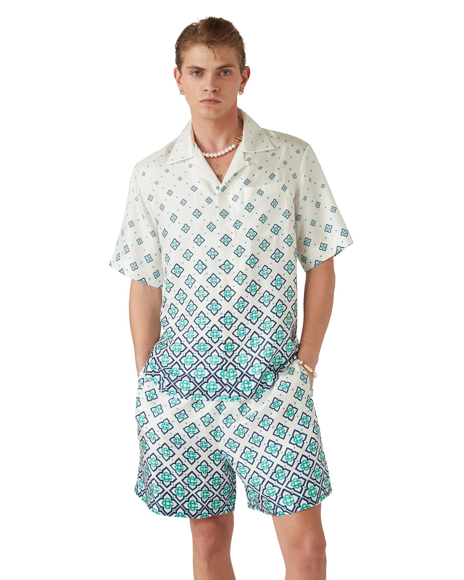 Gradient Monogram Short-Sleeve Silk Shirt
