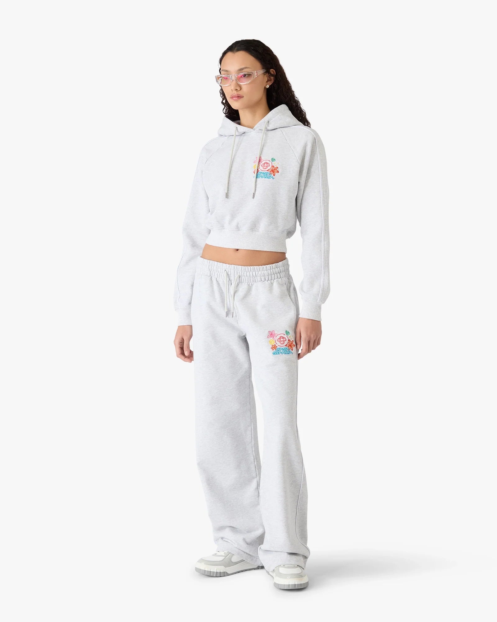 Grey Embroidered Cropped Hooded Sweatshirt