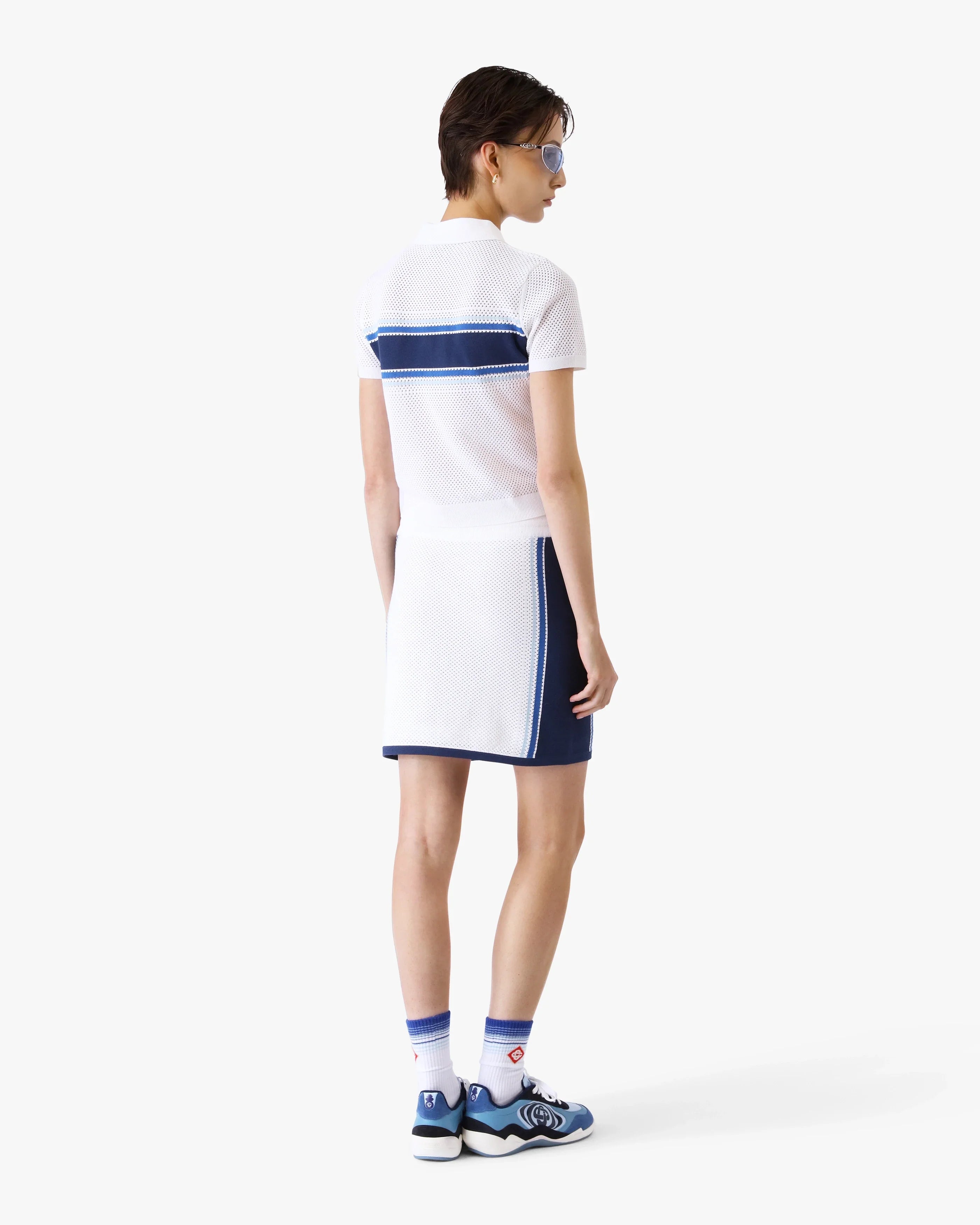 White & Blue Striped Mesh Top