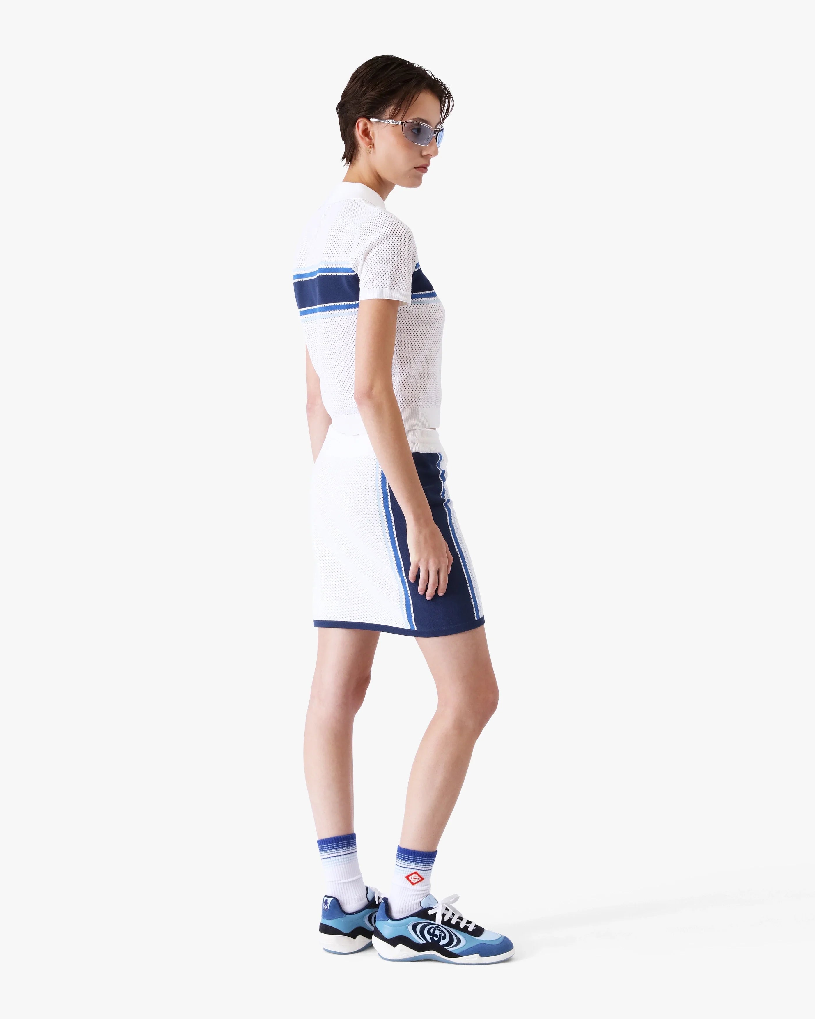 White & Blue Striped Mesh Mini Skirt