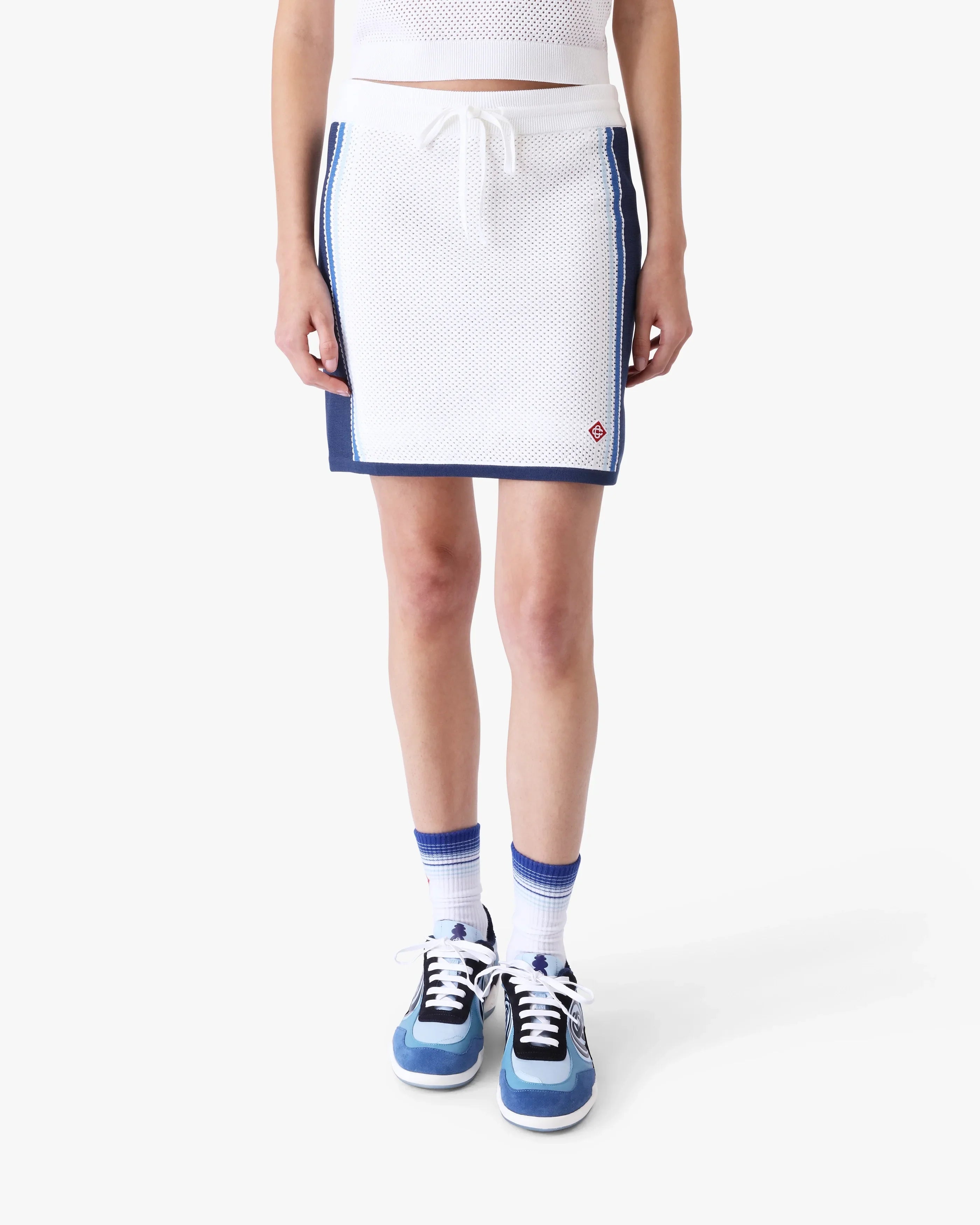 White & Blue Striped Mesh Mini Skirt