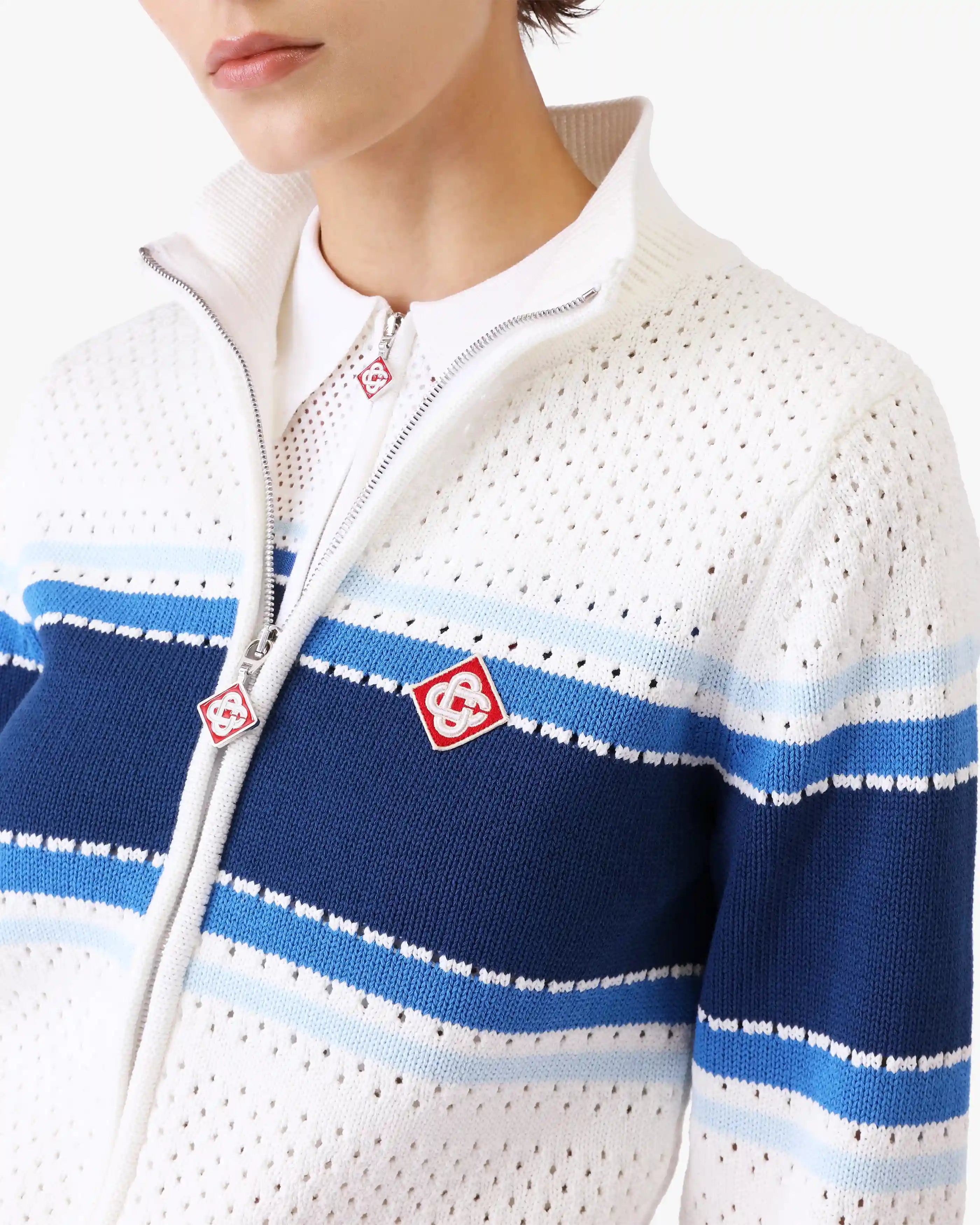 White & Blue Striped Mesh Bomber Jacket