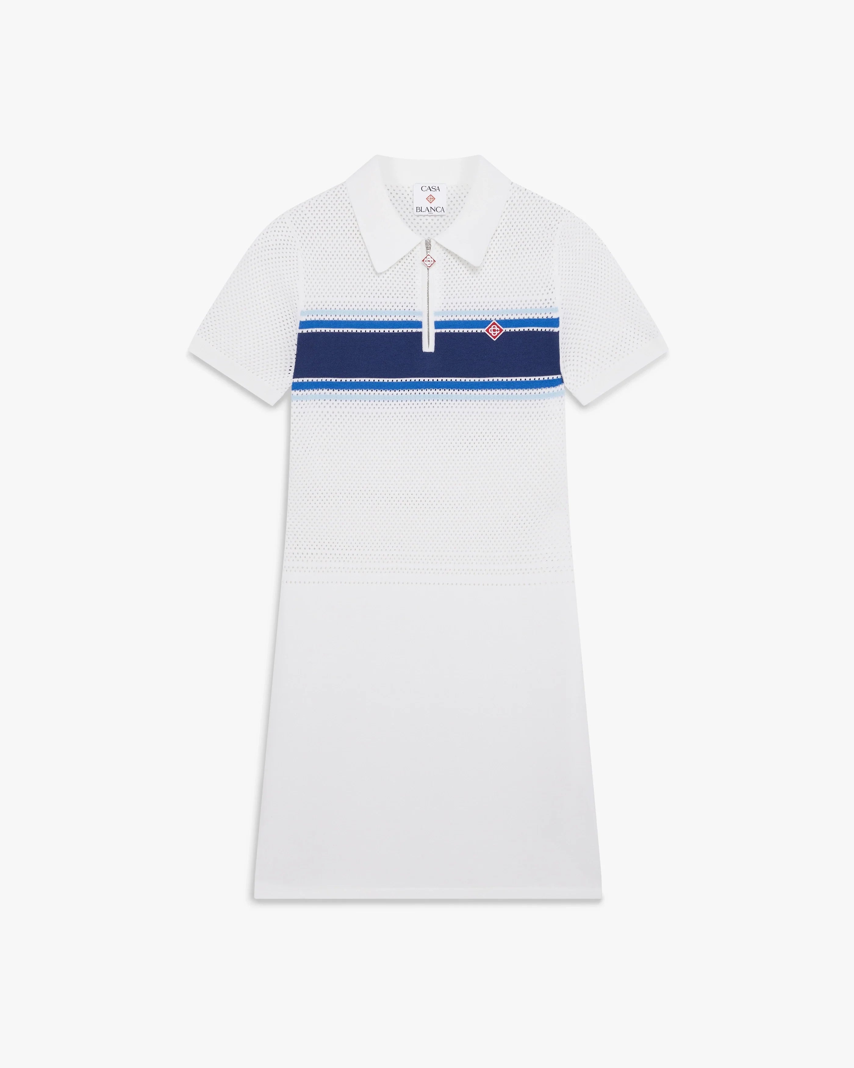 White & Blue Striped Mesh Midi Dress