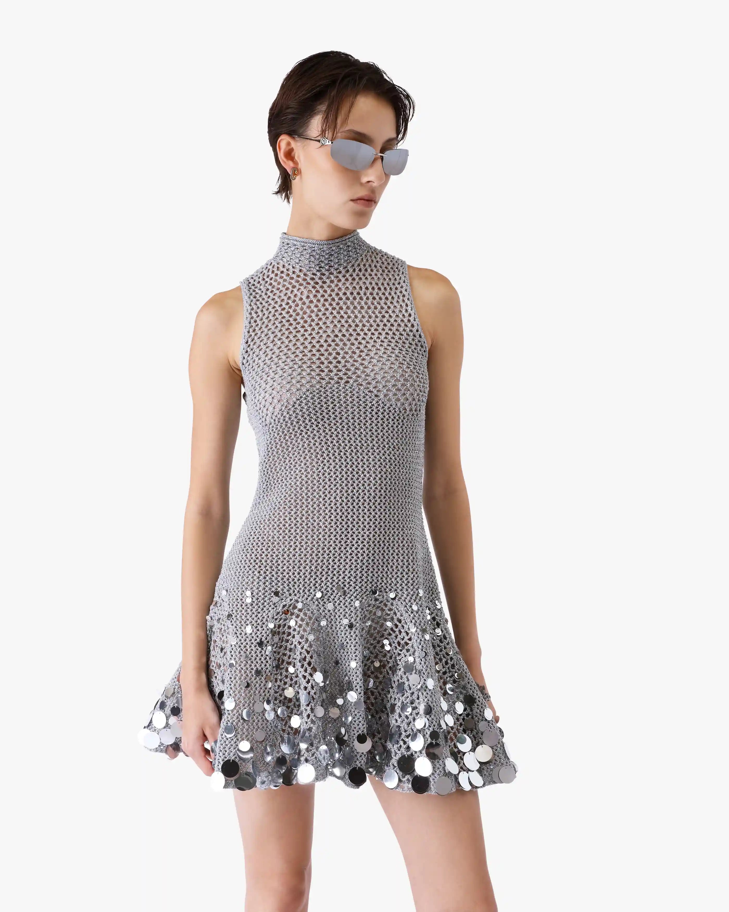 Silver Crochet Mirror Mini Dress