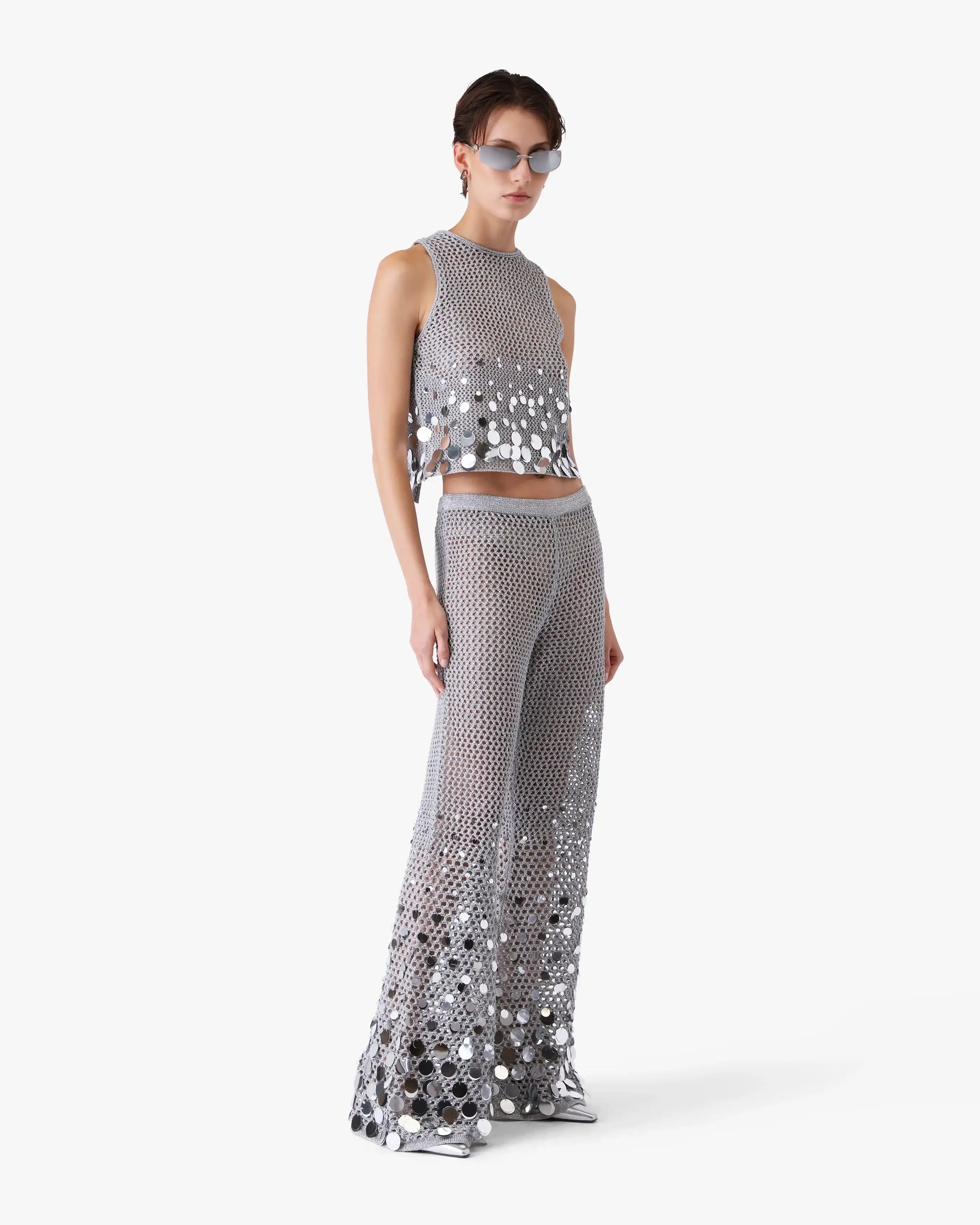 Silver Crochet Mirror Trousers
