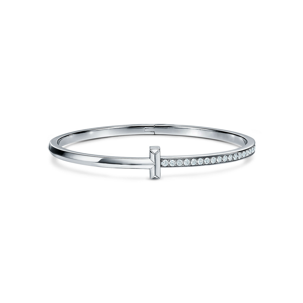 AV T Bracelet - T1 Narrow Half Pavé Bangle in White Gold